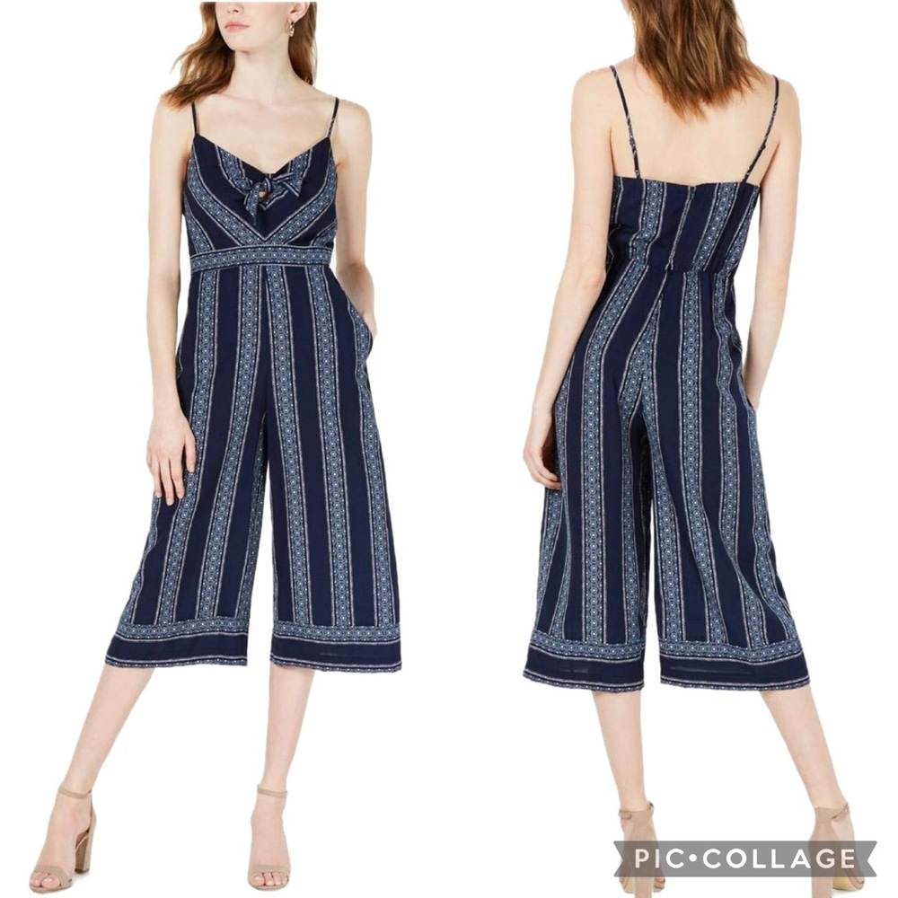 Teeze Me Royal Navy Floral Striped Spaghetti Strap Tie Front Wide Leg Jumpsuit